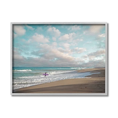 Stupell Industries Crashing Waves on Beach Surfer Purple Board in Gray Frame Wall Art