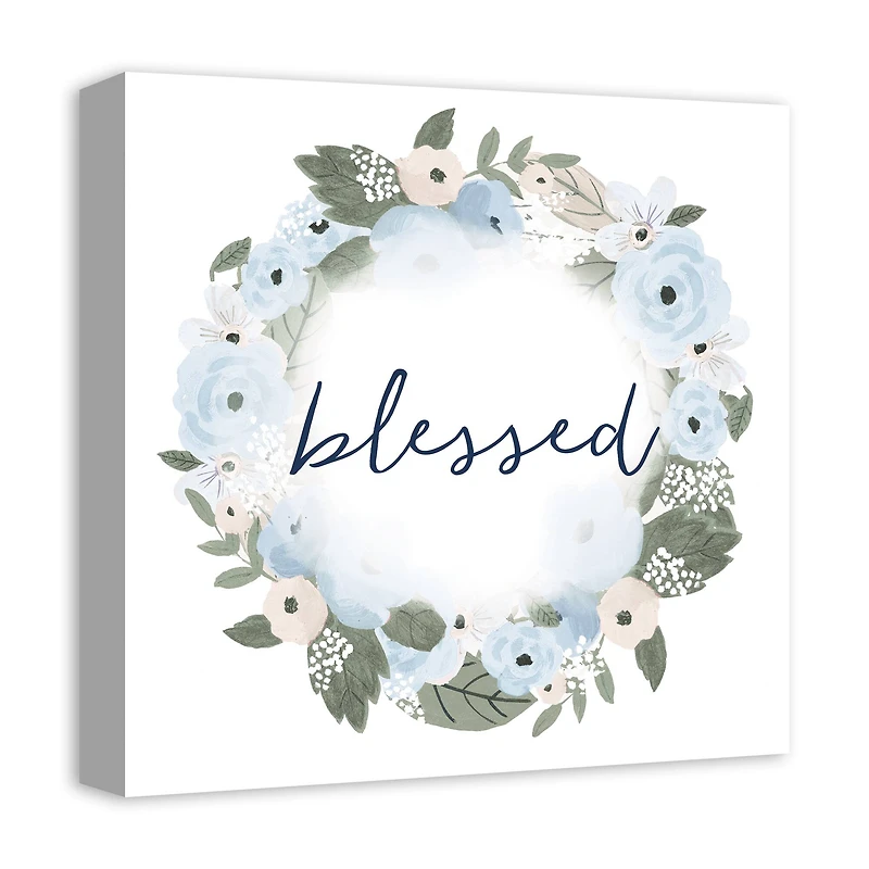 Blue Blessed Floral Wreath 16" x 16" Canvas Wall Art