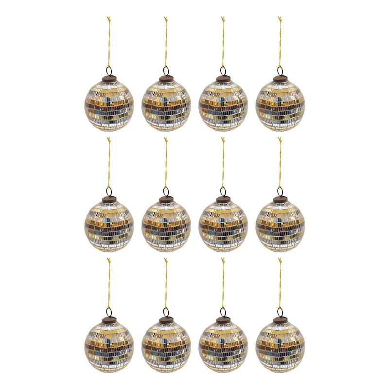 Hello Honey® 12 Pack 3" Black & Silver Glass Mosaic Disco Ball Ornaments