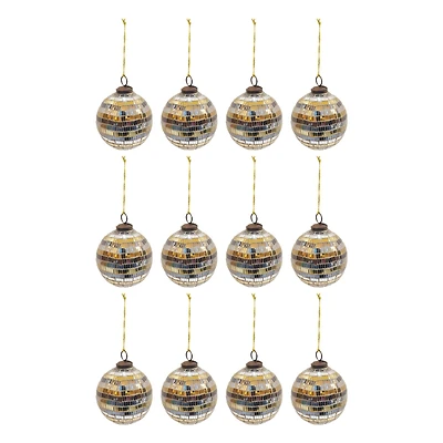 Hello Honey® 12 Pack 3" Black & Silver Glass Mosaic Disco Ball Ornaments