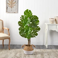 4ft. Monstera Artificial Tree in Boho Chic Handmade Cotton & Jute White Woven Planter UV Resistant (Indoor/Outdoor)