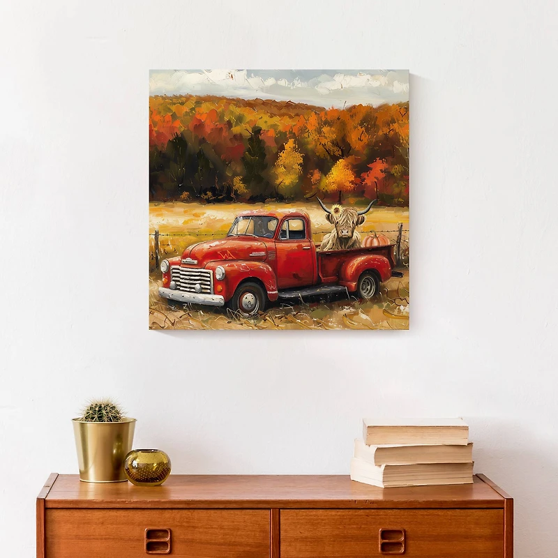 Fall Red Truck Highland 16" x 16" Canvas Wall Art