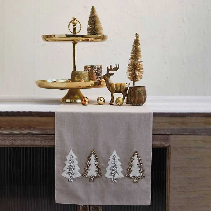 Hello Honey® 72" Natural Brown, Silver & Gold Cotton Chambray Table Runner with Embroidered Tufted Trees & Glass Beads