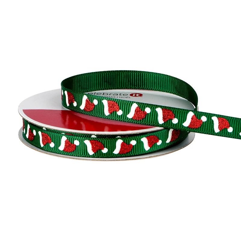 3/8" x 12ft. Green Santa Hats Ribbon by Celebrate It® Christmas