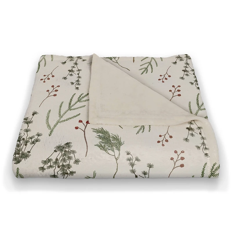 Pine Greenery on White Coral Fleece Blanket