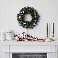 24" LED Snow Tipped Pinecone & White Berry Wreath