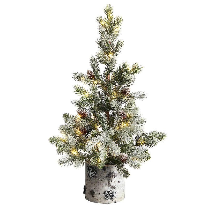 2ft. Pre-Lit Flocked Artificial Christmas Tree in Decorative Birch Bark Planter, LED Lights