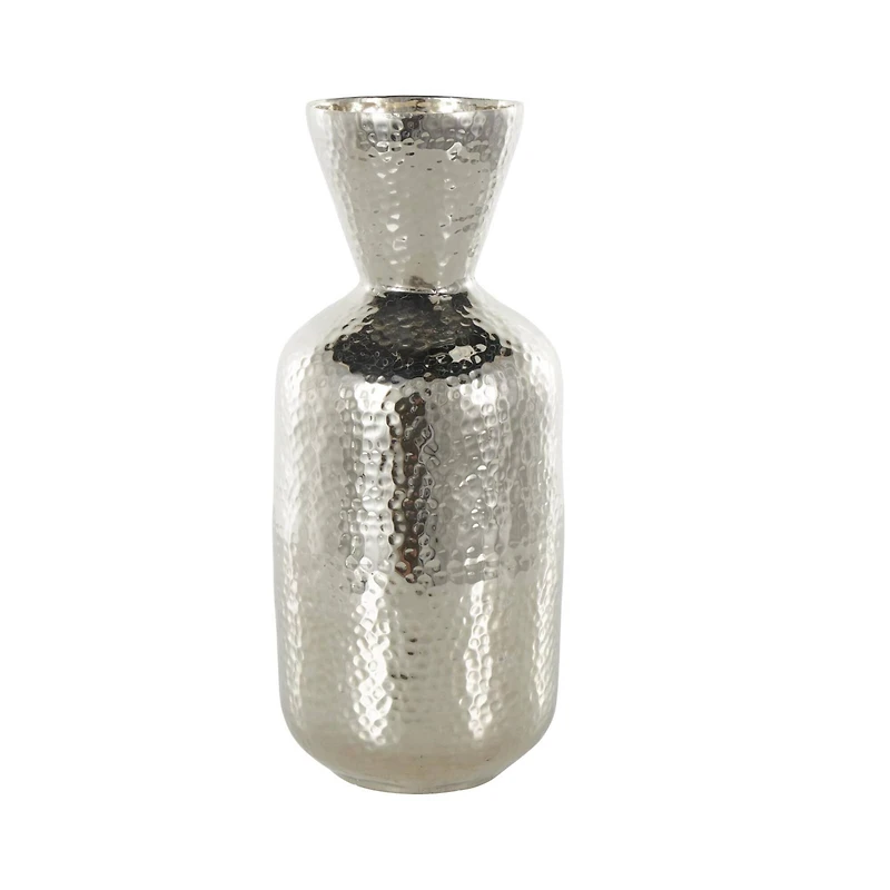 14" Silver Hammered Aluminum Vase with Cone Shaped Opening