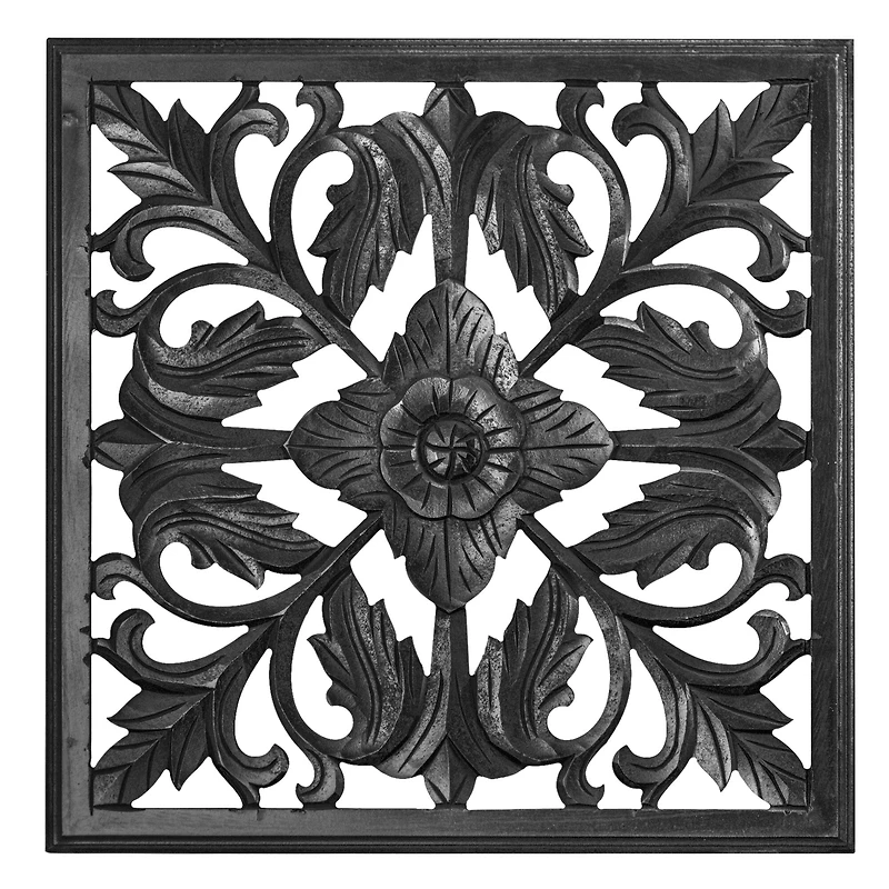 American Art Décor™ 24" Black Hand-Carved Square Arabesque Wall Medallion