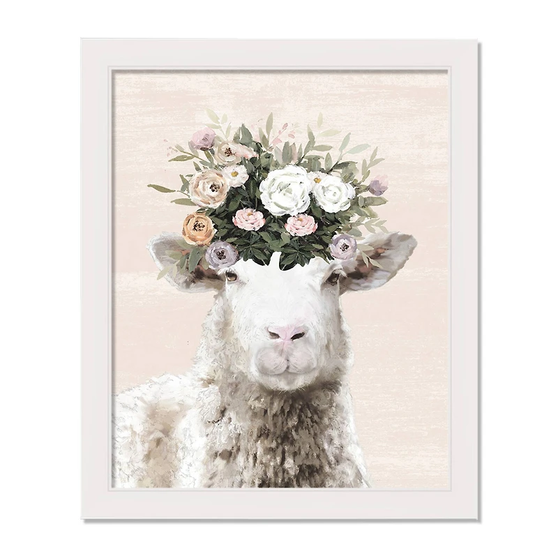 Creamy Floral Sheep White Framed Print Under Plexiglass
