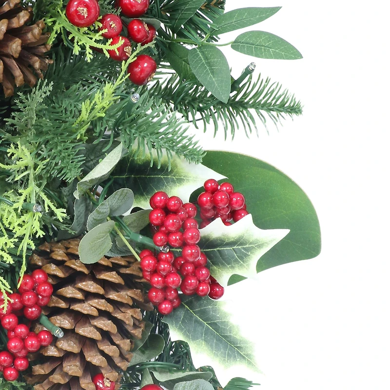 26" Battery-Operated Pre-Lit Decorated Artificial Wreath with Red Bow