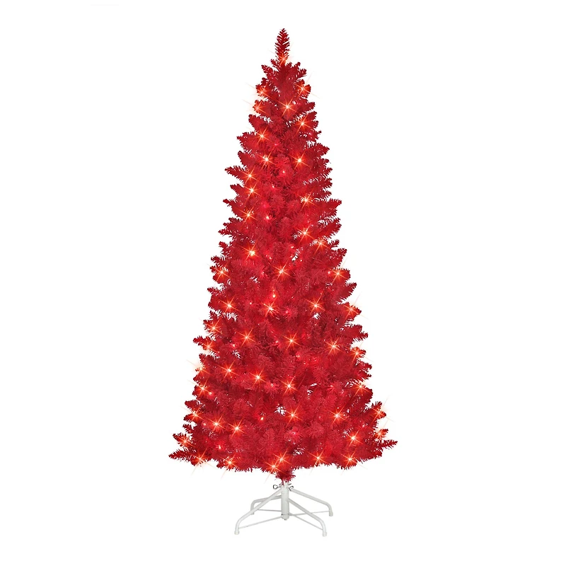 6.5ft. Pre-Lit Flocked Fashion Red Artificial Christmas Tree, Clear Lights