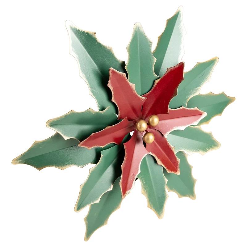 14" Small Green and Red Metal Poinsettia Christmas Wall Hanging