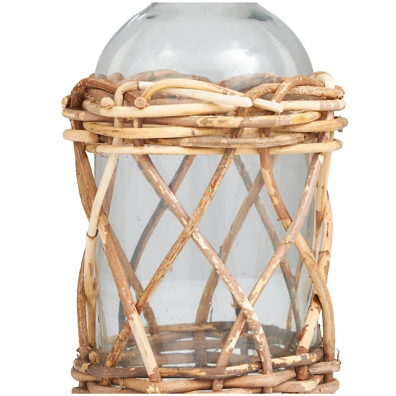19" Clear Glass Handmade Vase with Brown Rattan Woven Lower Body