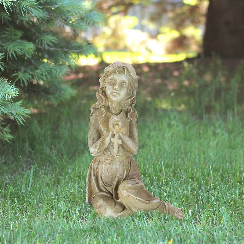 14.5" Weathered Brown Sitting Angel with Cross Outdoor Garden Statue