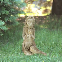 14.5" Weathered Brown Sitting Angel with Cross Outdoor Garden Statue