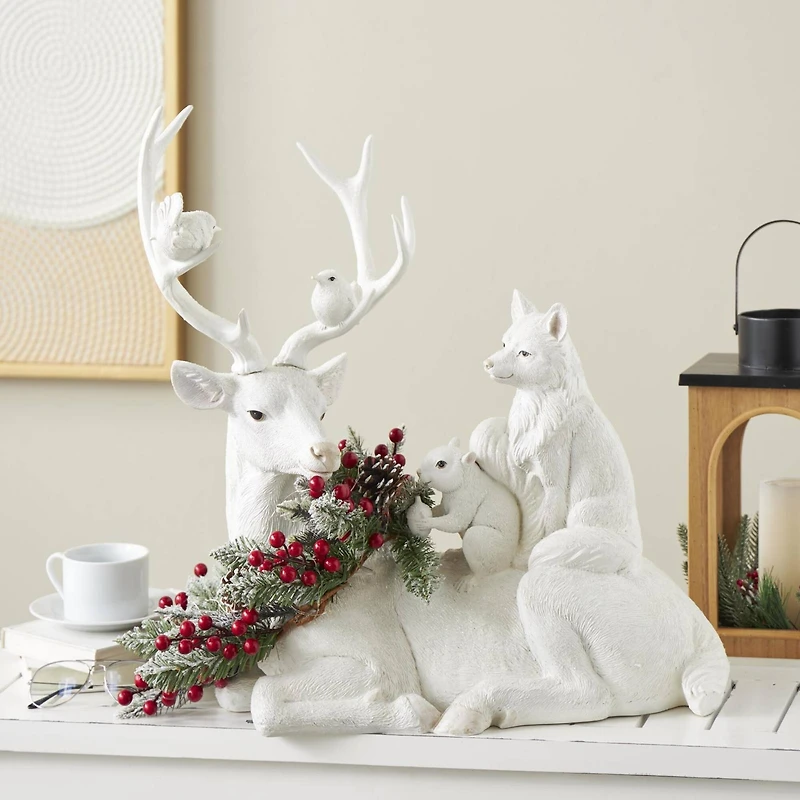 23" White Reindeer with Woodland Animals Sculpture