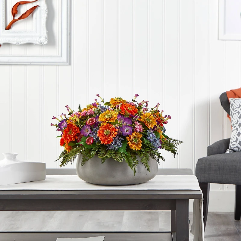 16" Mixed Floral Plant in Gray Garden Planter