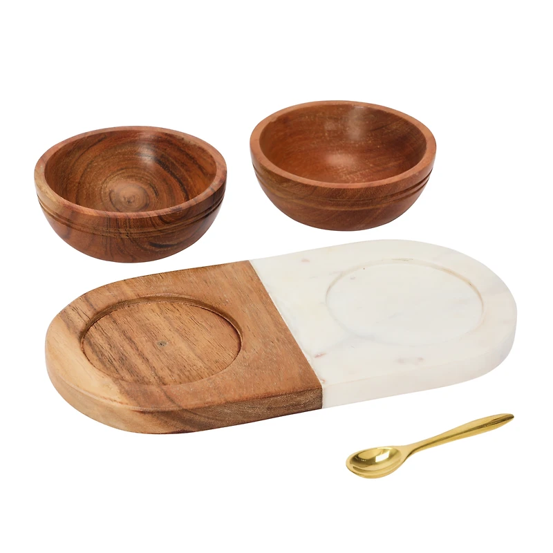 Hello Honey® Acacia Wood & Marble Tray with Acacia Wood Bowl Set