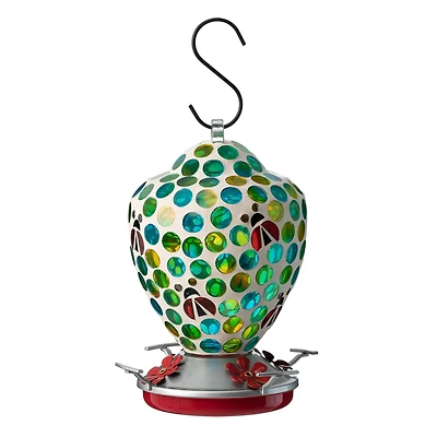 Glitzhome® 8.25" Blue & Green Dots & Ladybugs Glass Hanging Bird Feeder
