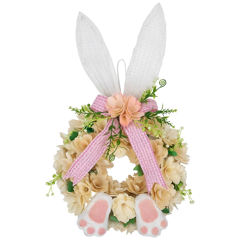 18" Wooden Floral Artificial Easter Wreath with Rabbit Ears & Paws
