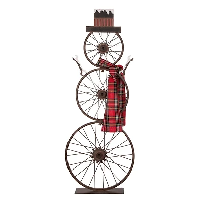 Glitzhome® 34" Metal Bike Wheel Snowman with Plaid Scarf Porch Décor