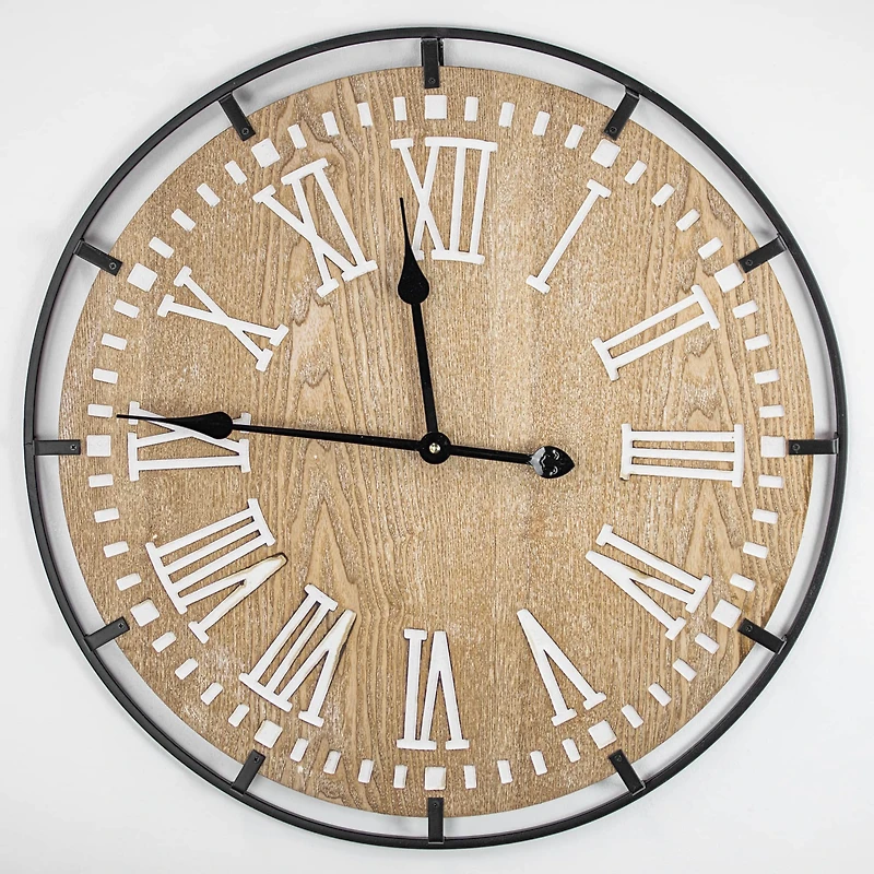 Rustic Whitewashed Wood and Metal Oversized Wall Clock 24"