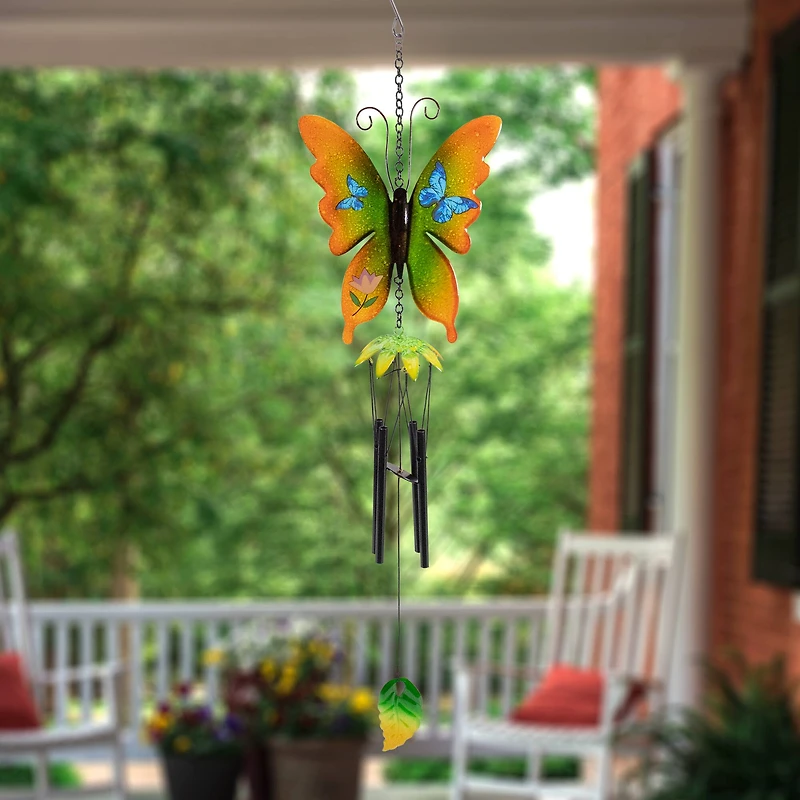 15.75" Orange & Green Metal Butterfly Outdoor Garden Windchime