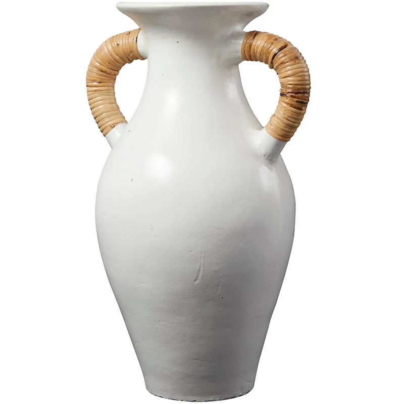 21" White Ceramic Jug Vase with Rattan Wrapped Handles