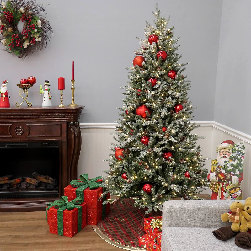 7ft. Pre-Lit Snowy Olallie Pine Artificial Christmas Tree With Pinecones, Clear LED Lights