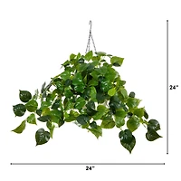 24" UV Resistant Artificial LED Lit Philodendron in White Hanging Basket