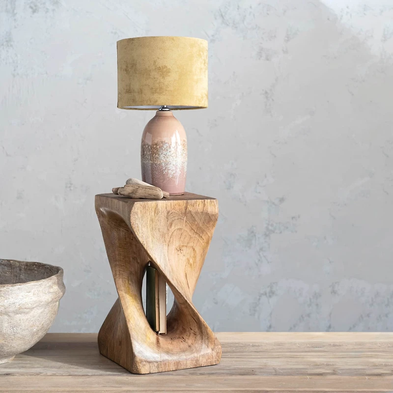 Hello Honey® 16.5" Pink Reactive Glaze Round Stoneware Table Lamp with Mustard Velvet Shade