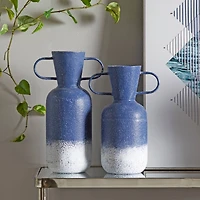 Blue Metal Vase with Handles Set of 2 17", 15"
