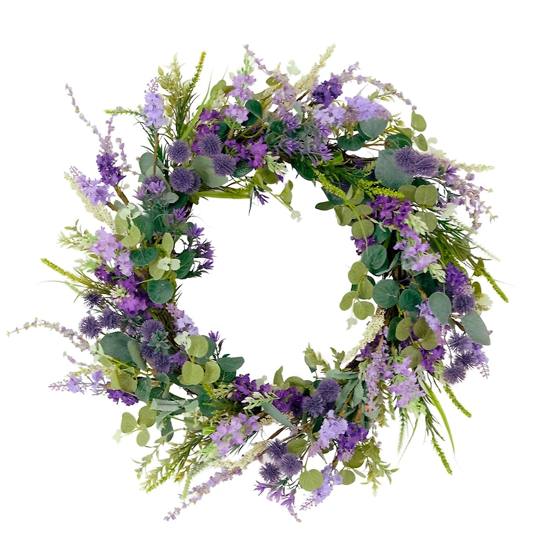 24'' Green and Purple Echinops Floral Spring Wreath