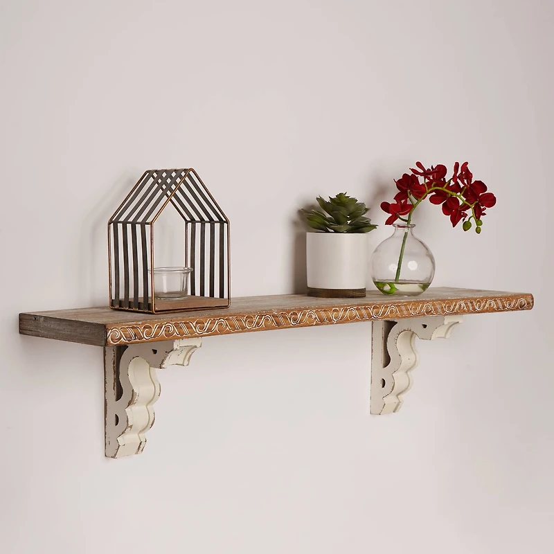Whitewashed Distressed Antique Wood Corbel Shelf Brackets (Set of 2)
