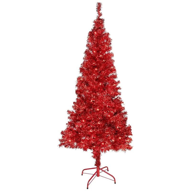Pre-Lit Red Tinsel Artificial Christmas Tree, Clear Lights