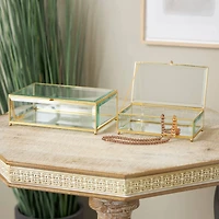 Clear & Gold Beveled Glass & Metal Rectangle Footed Jewelry Box with Chain Accent Set