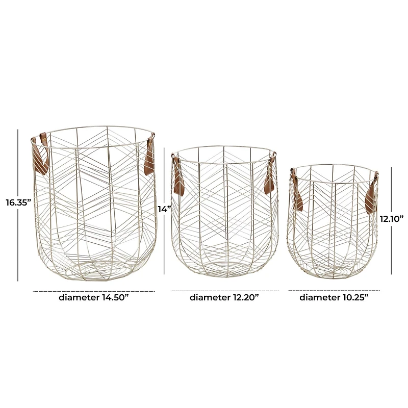 CosmoLiving by Cosmopolitan Silver Metal Storage Basket with Faux Leather Handles Set of 3 16", 14", 12"