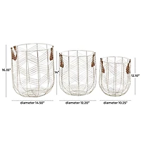 CosmoLiving by Cosmopolitan Silver Metal Storage Basket with Faux Leather Handles Set of 3 16", 14", 12"