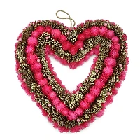 Pink Botanicals and Twigs Artificial Valentine's Day Heart Wreath 13" Unlit