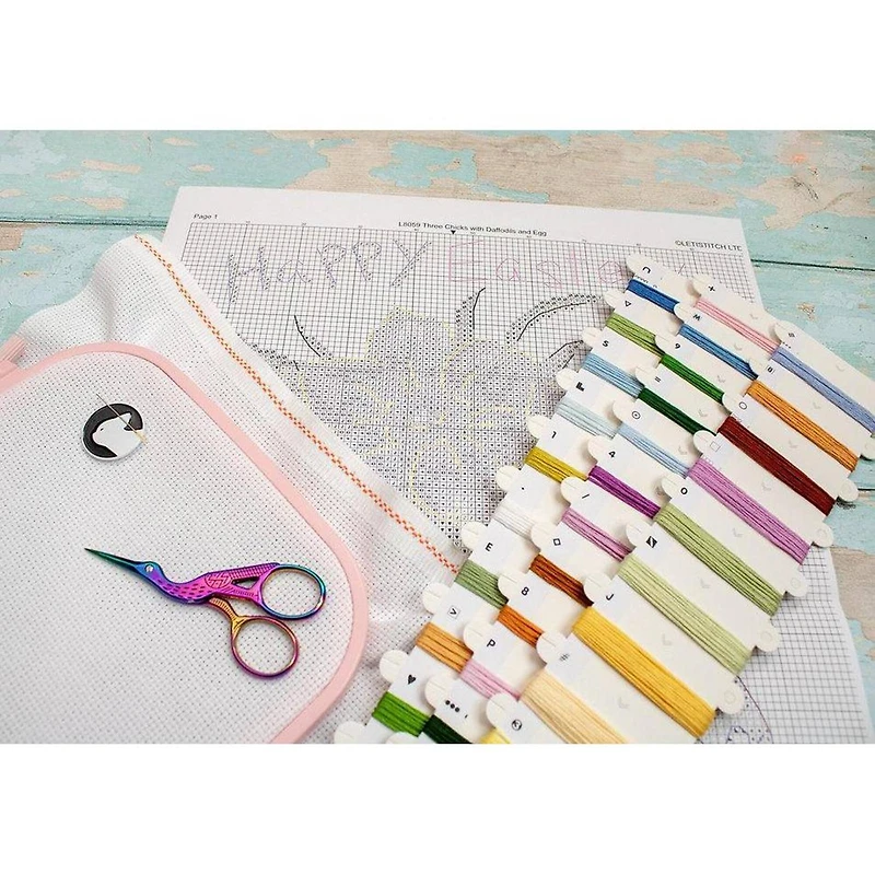 LetiStitch Three Chicks with Daffodils & Egg Counted Cross Stitch Kit