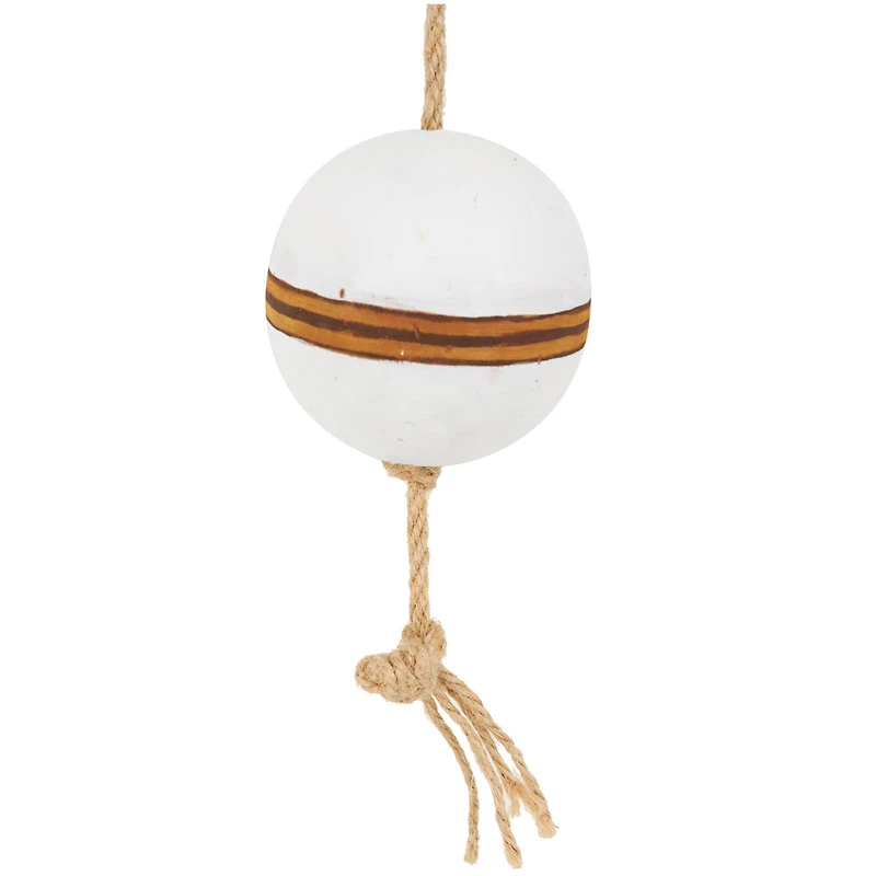 Brown Wood Buoy Two-Toned Striped Hanging Home Wall Décor with White Accents and Jute Rope