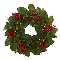 24" Magnolia Leaf, Berry & Pine Artificial Wreath