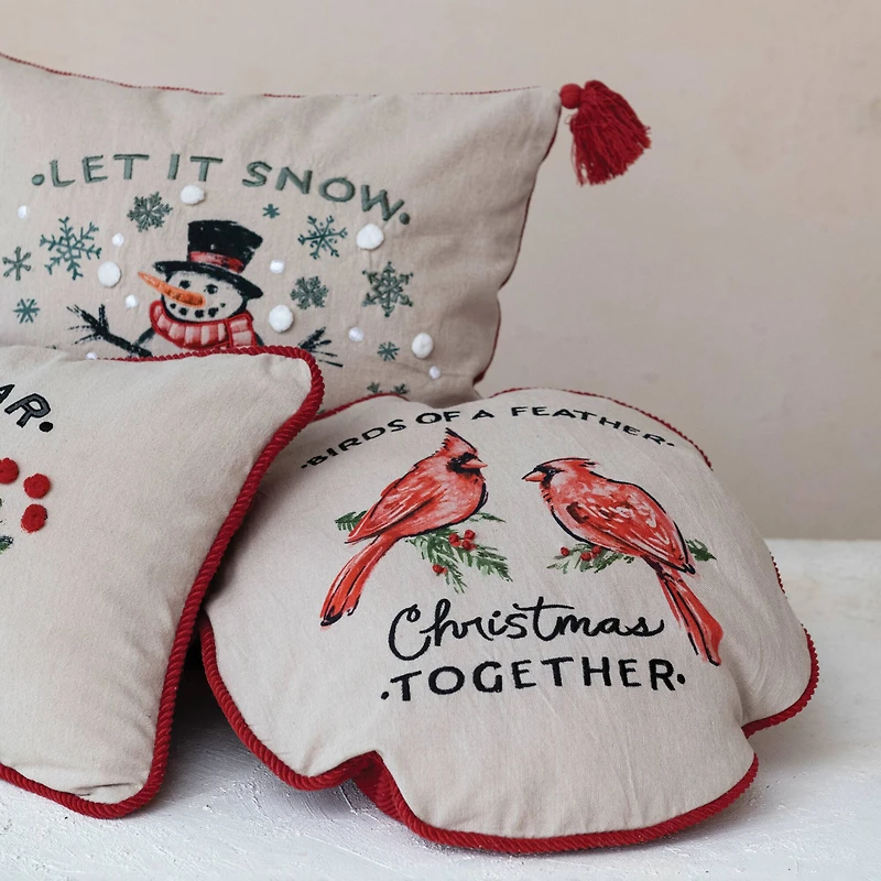 Hello Honey® 16" Red & White Birds of a Feather Christmas Together Round Cotton Printed Pillow Cover & Insert