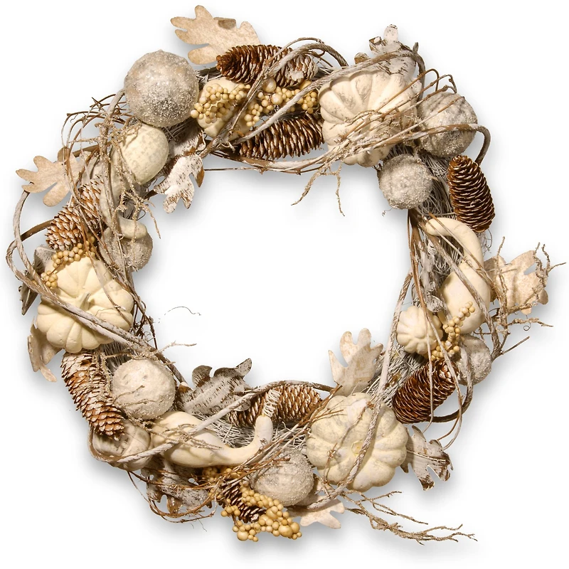20'' White Pumpkin and Pinecone Wreath