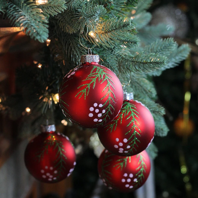 4ct. Matte Red with Pine Needles Glass Christmas Ball Ornaments