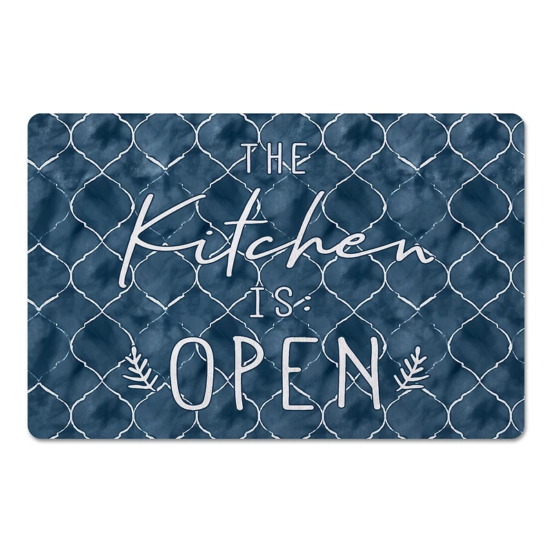 Blue with White The Kitchen is Open Text Floor Mat