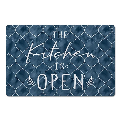 Blue with White The Kitchen is Open Text Floor Mat
