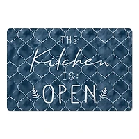 Blue with White The Kitchen is Open Text Floor Mat