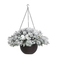 Glitzhome® 24" Pre-Lit Snow Flocked Christmas Artificial Pine Poinsettia Hanging Basket, White Lights